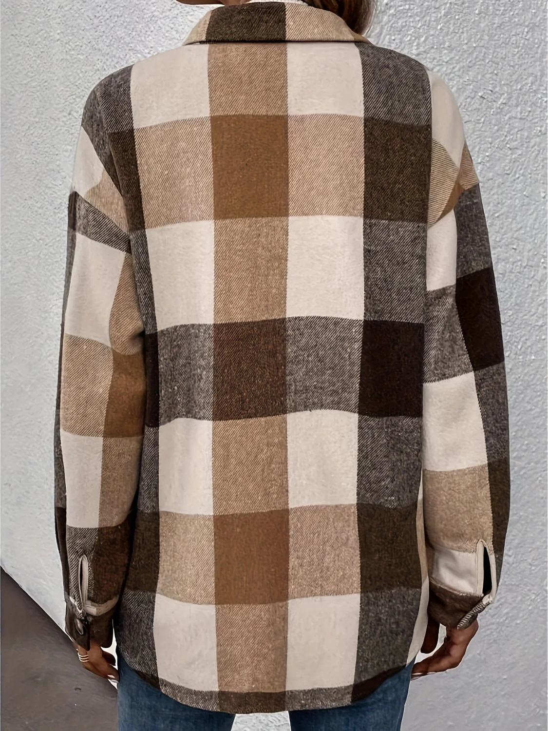 Curved Hem Plaid Collared Neck Shacket - Image 3