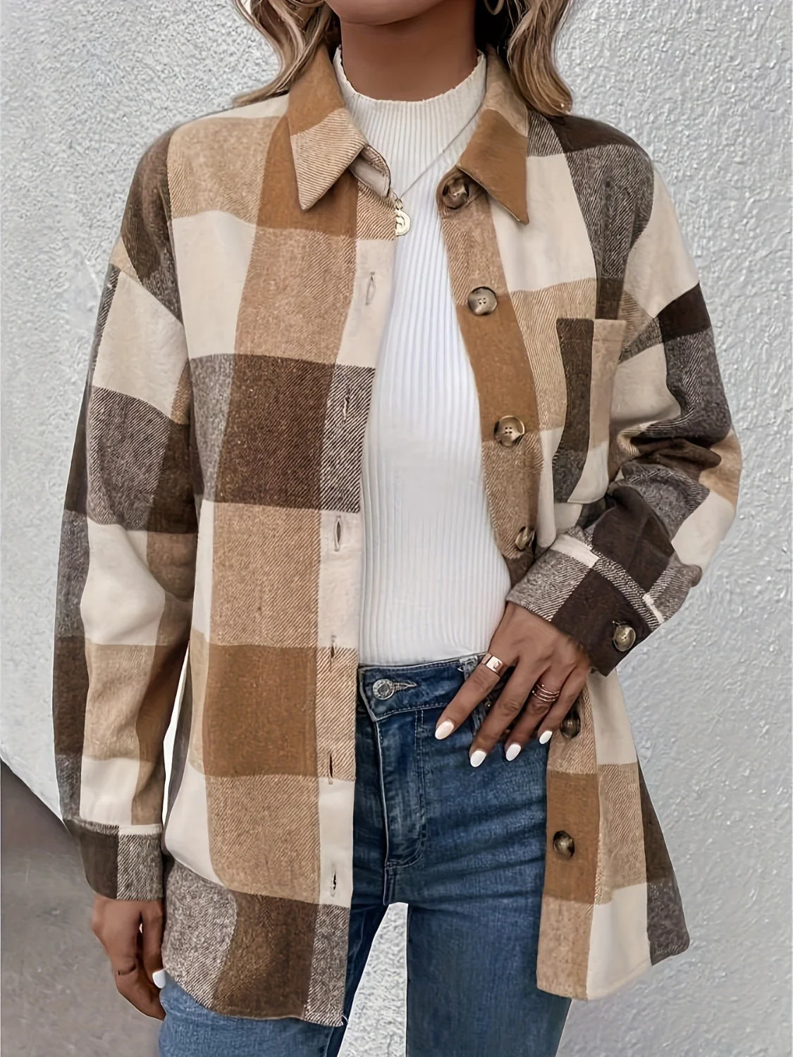 Curved Hem Plaid Collared Neck Shacket - Image 4