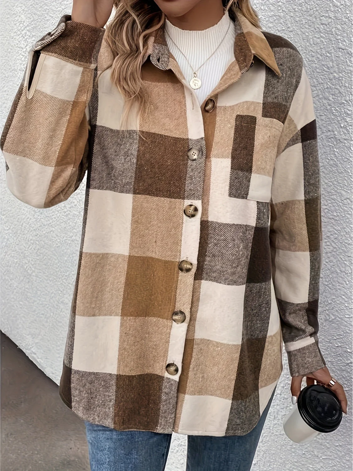 Curved Hem Plaid Collared Neck Shacket - Image 5