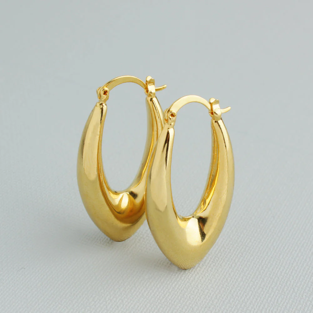 Cute 14k Gold Puffy Oval Hoop Earrings - Image 3
