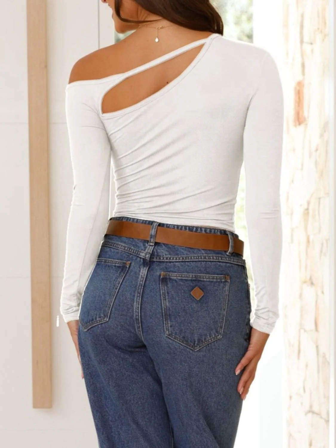 Cutout Asymmetrical Neck Long Sleeve T-Shirt - Image 2