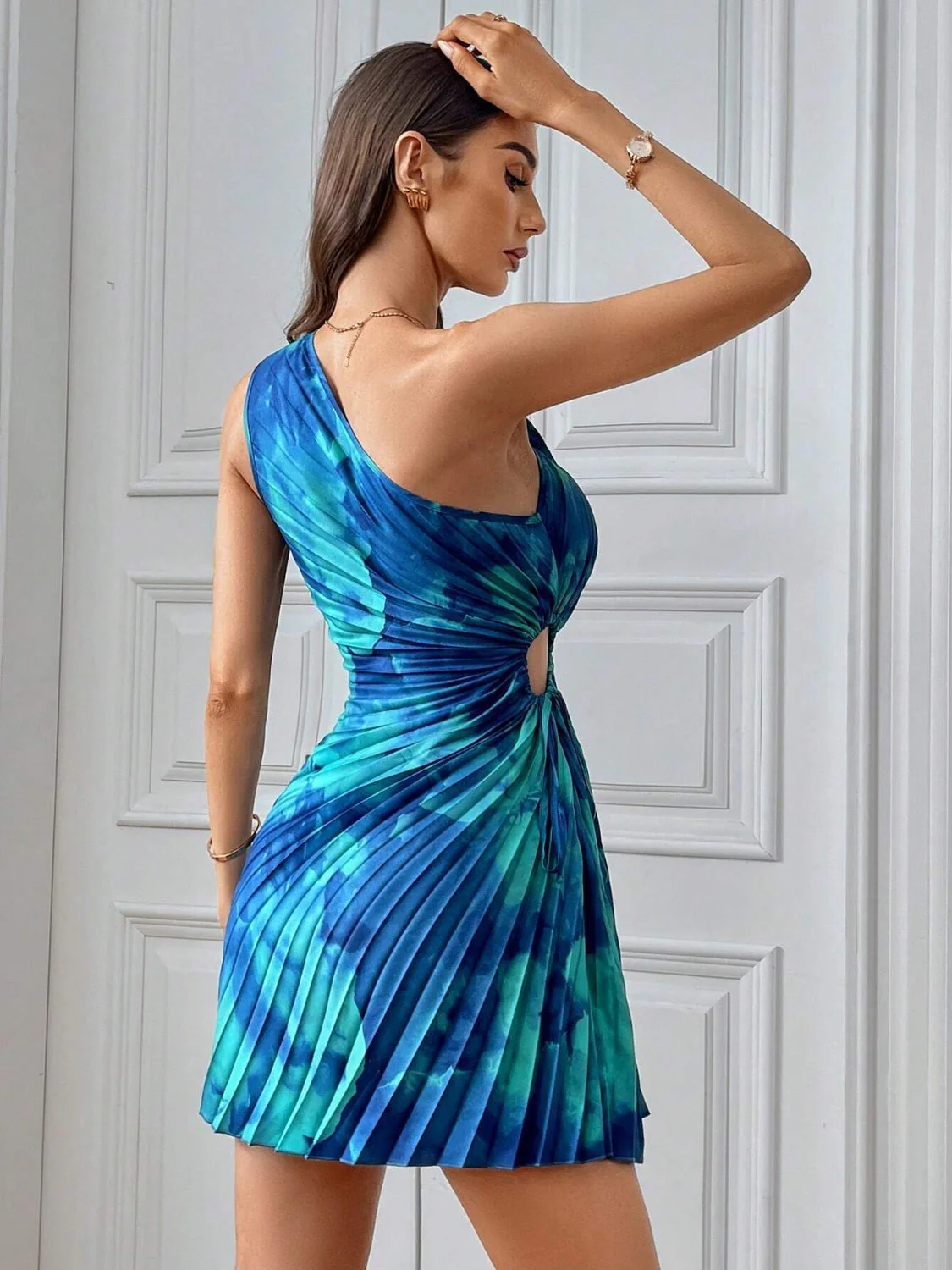 Cutout Drawstring Pleated Tie-Dye Sleeveless Mini Dress - Image 14
