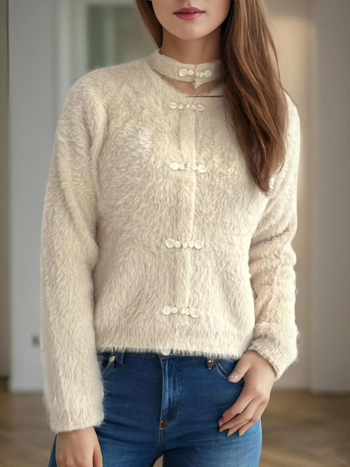 Cutout Knot Button Long Sleeve Cardigan - Image 11