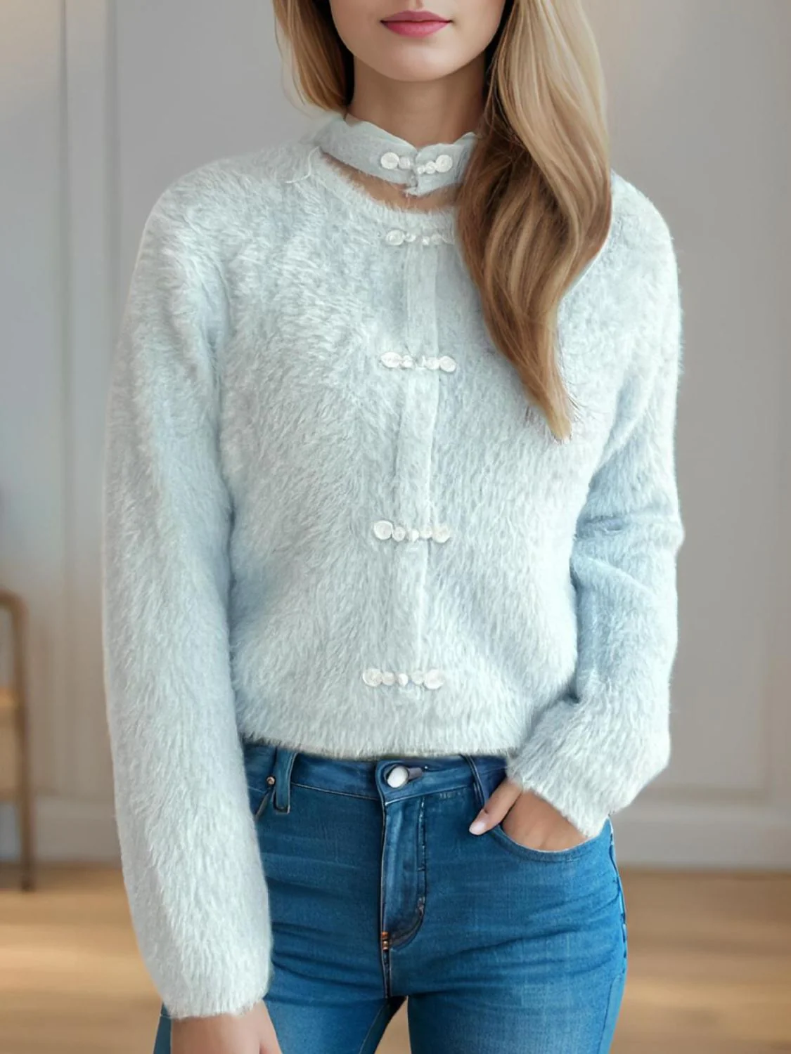 Cutout Knot Button Long Sleeve Cardigan - Image 14