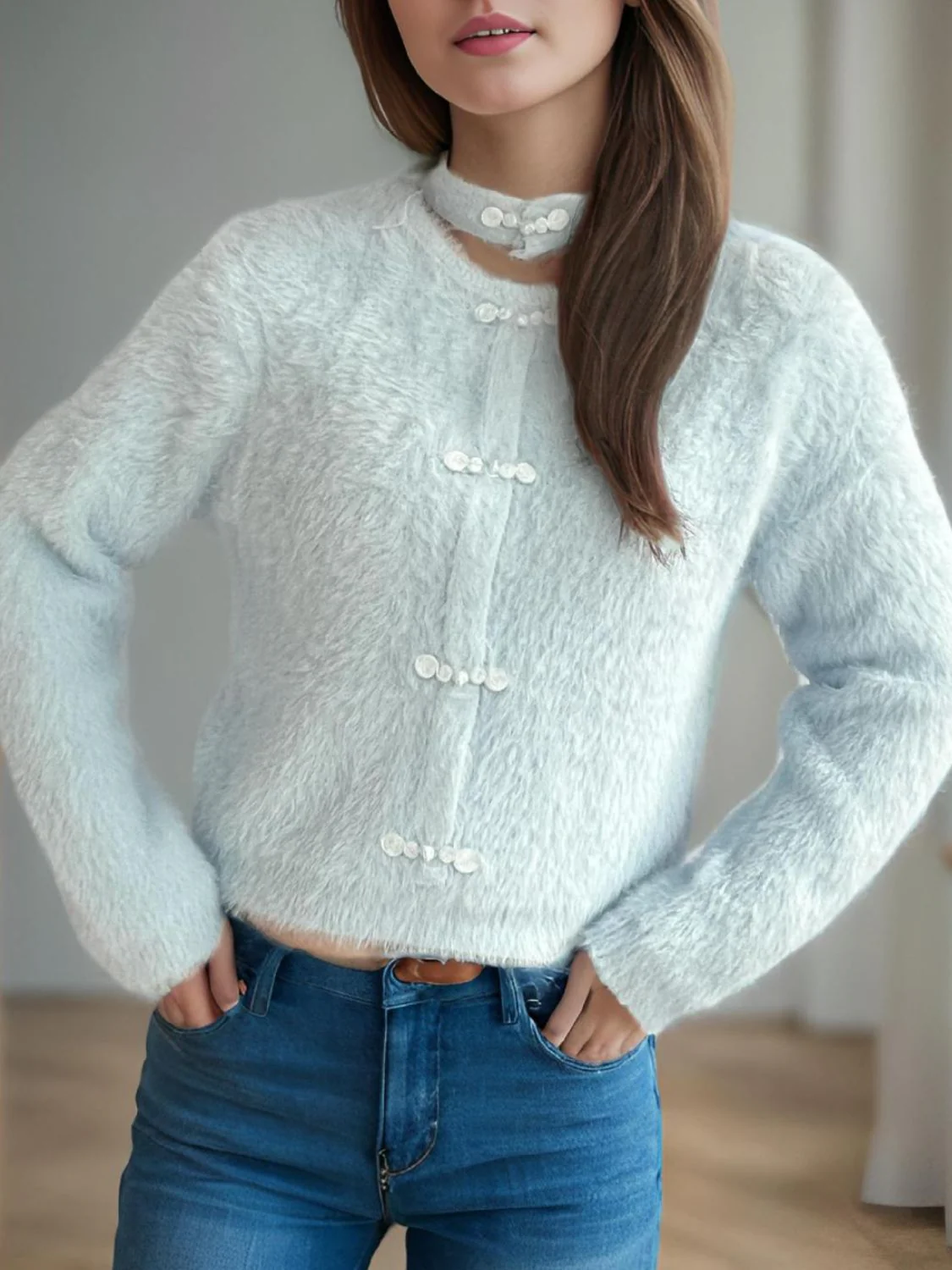 Cutout Knot Button Long Sleeve Cardigan - Image 15