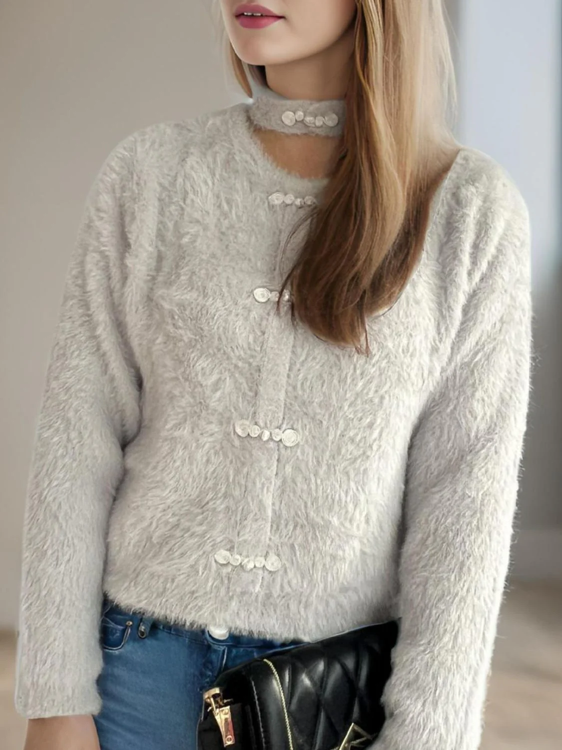 Cutout Knot Button Long Sleeve Cardigan - Image 18