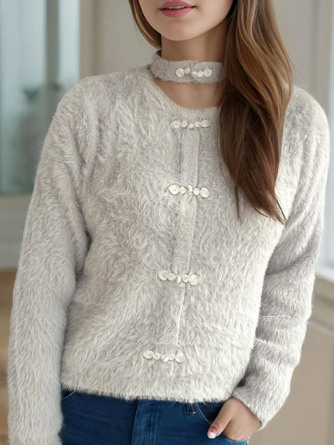 Cutout Knot Button Long Sleeve Cardigan - Image 19
