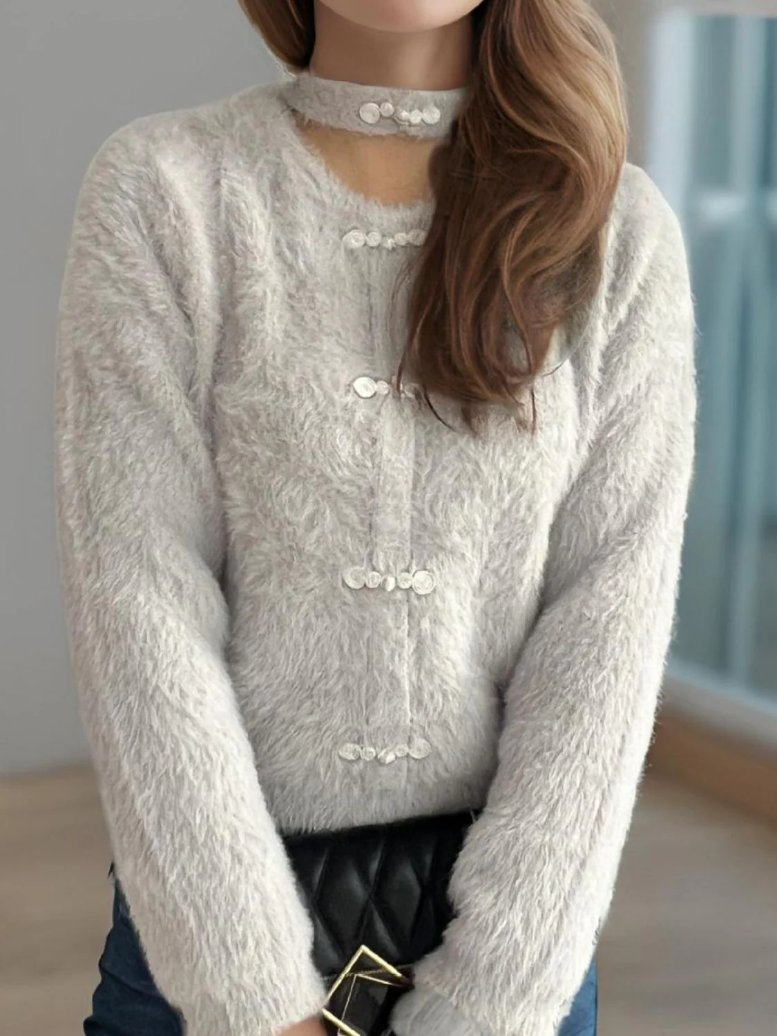 Cutout Knot Button Long Sleeve Cardigan - Image 20