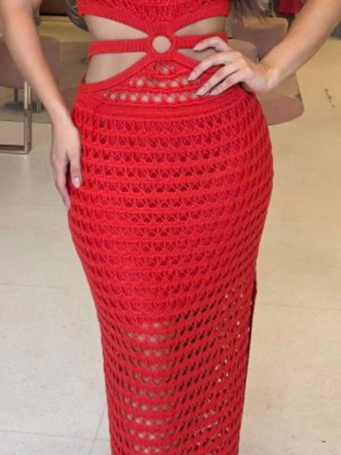 Cutout Slit Round Neck Sweater Dress - Image 15