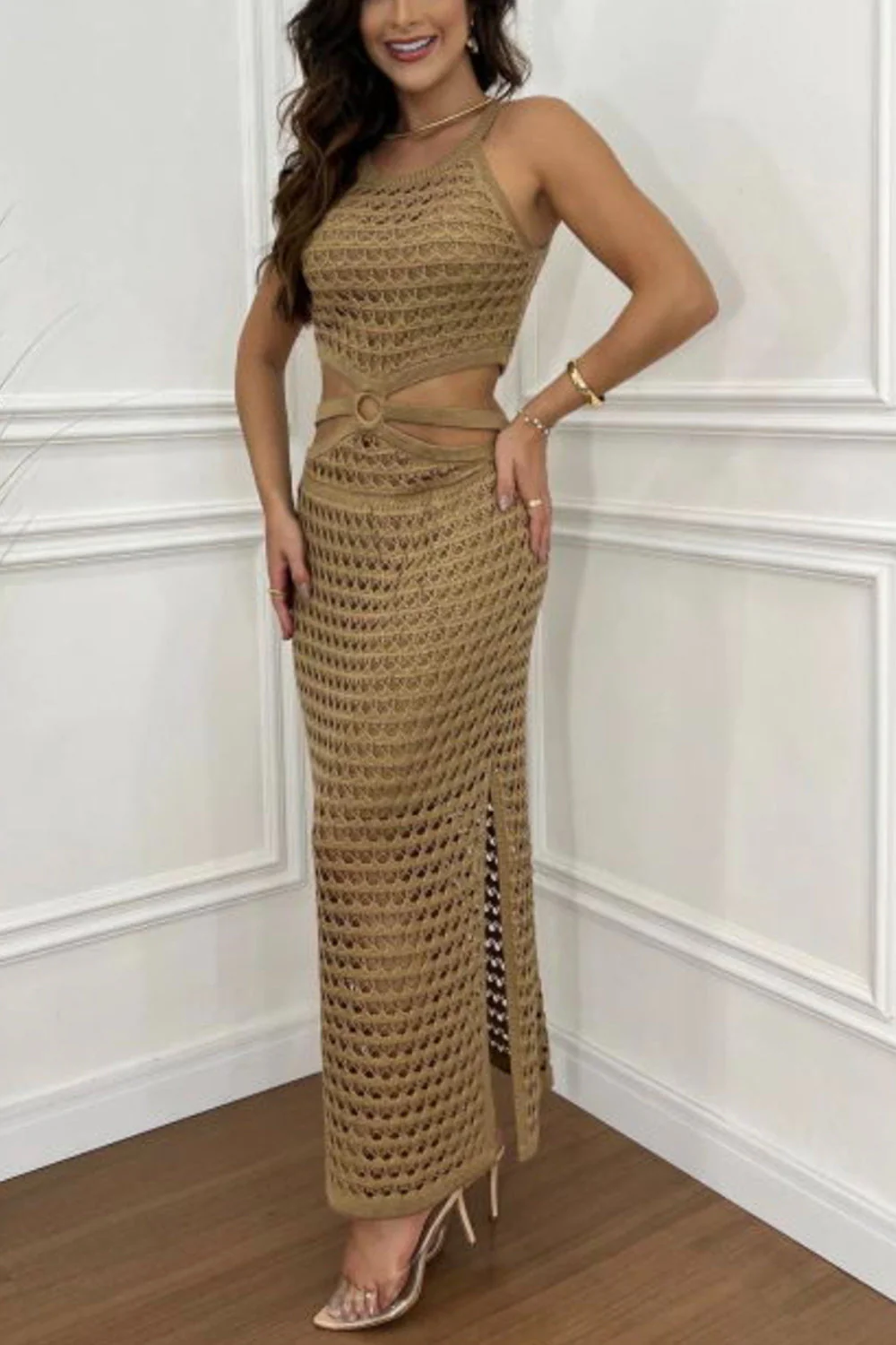 Cutout Slit Round Neck Sweater Dress - Image 5