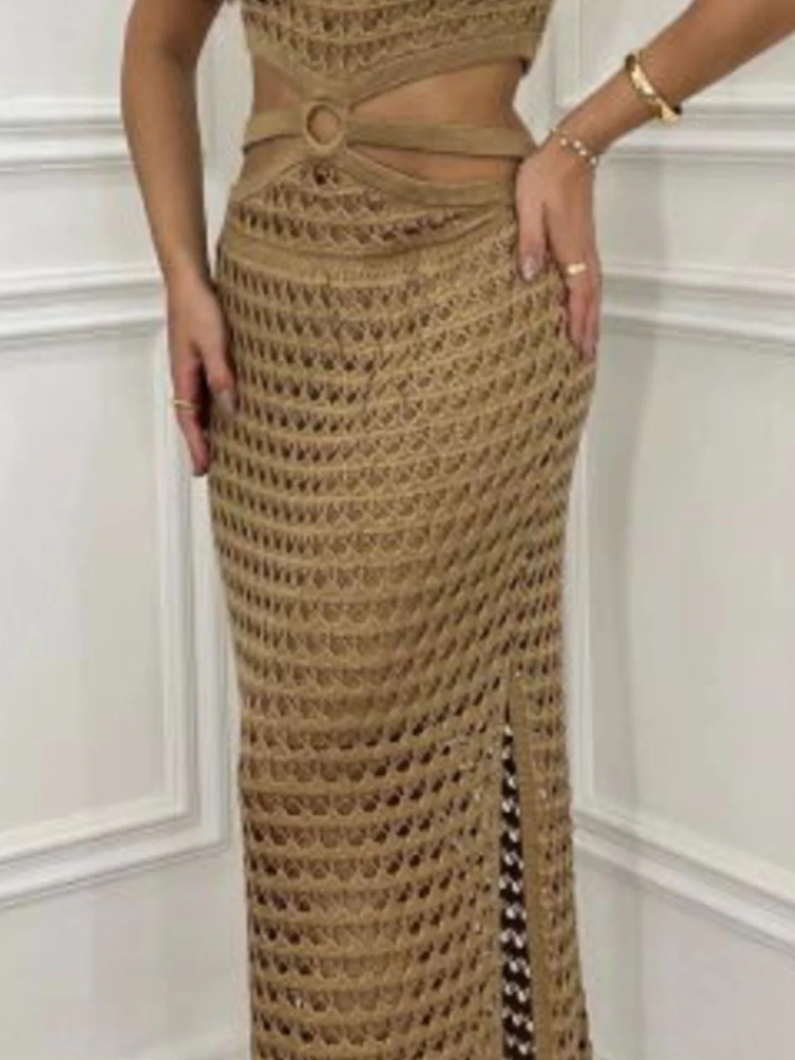Cutout Slit Round Neck Sweater Dress - Image 6