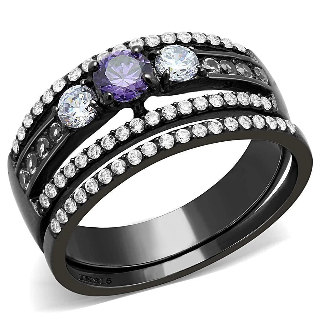 DA001 - IP Black(Ion Plating) Stainless Steel Ring with AAA Grade CZ in Amethyst - Image 4
