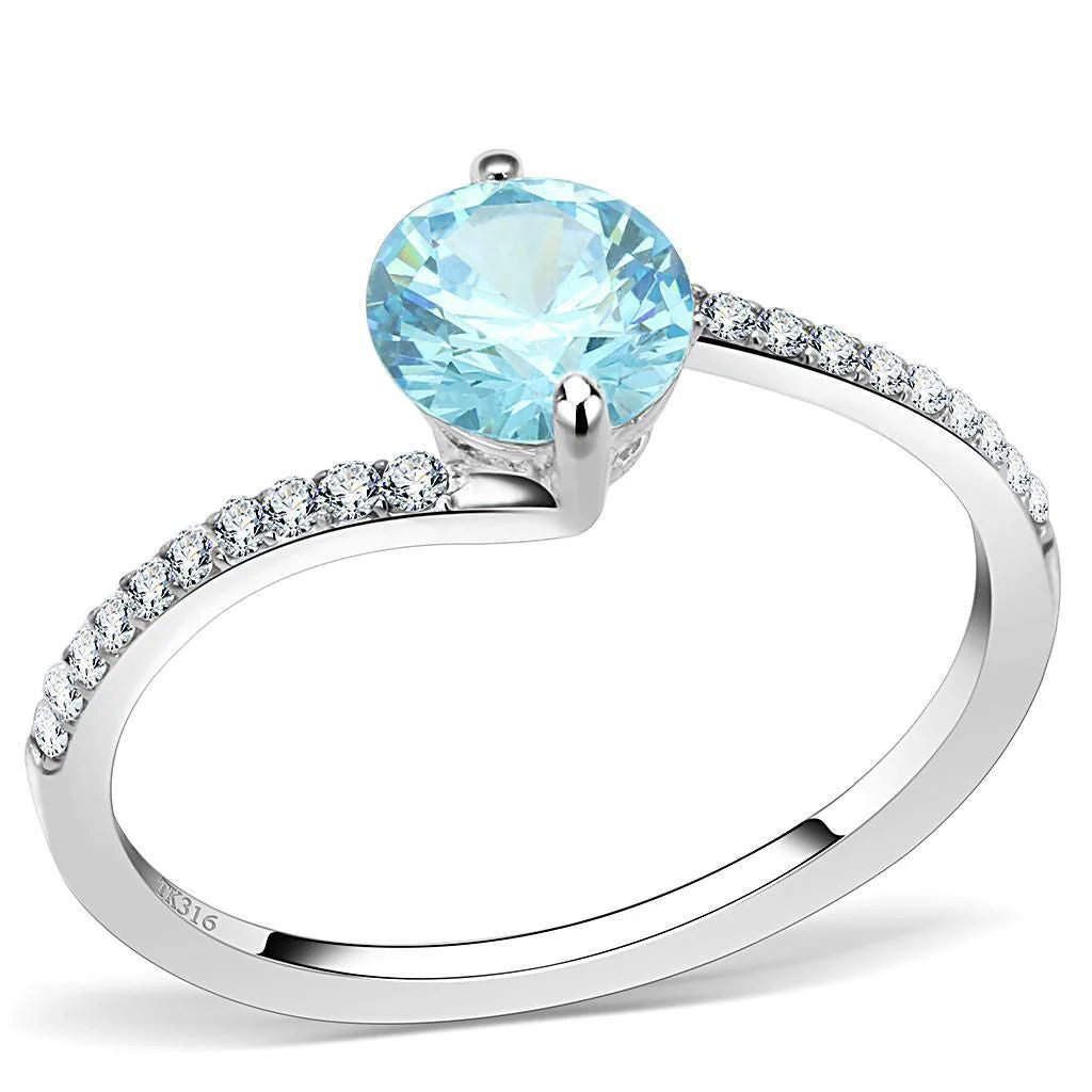 DA014 - High polished (no plating) Stainless Steel Ring with AAA Grade CZ in Sea Blue - Image 5