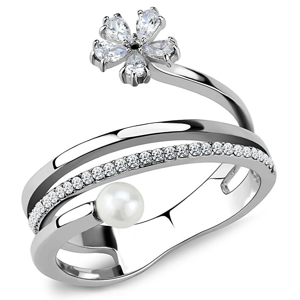 DA059 - High polished (no plating) Stainless Steel Ring with Synthetic Pearl in White - Image 4