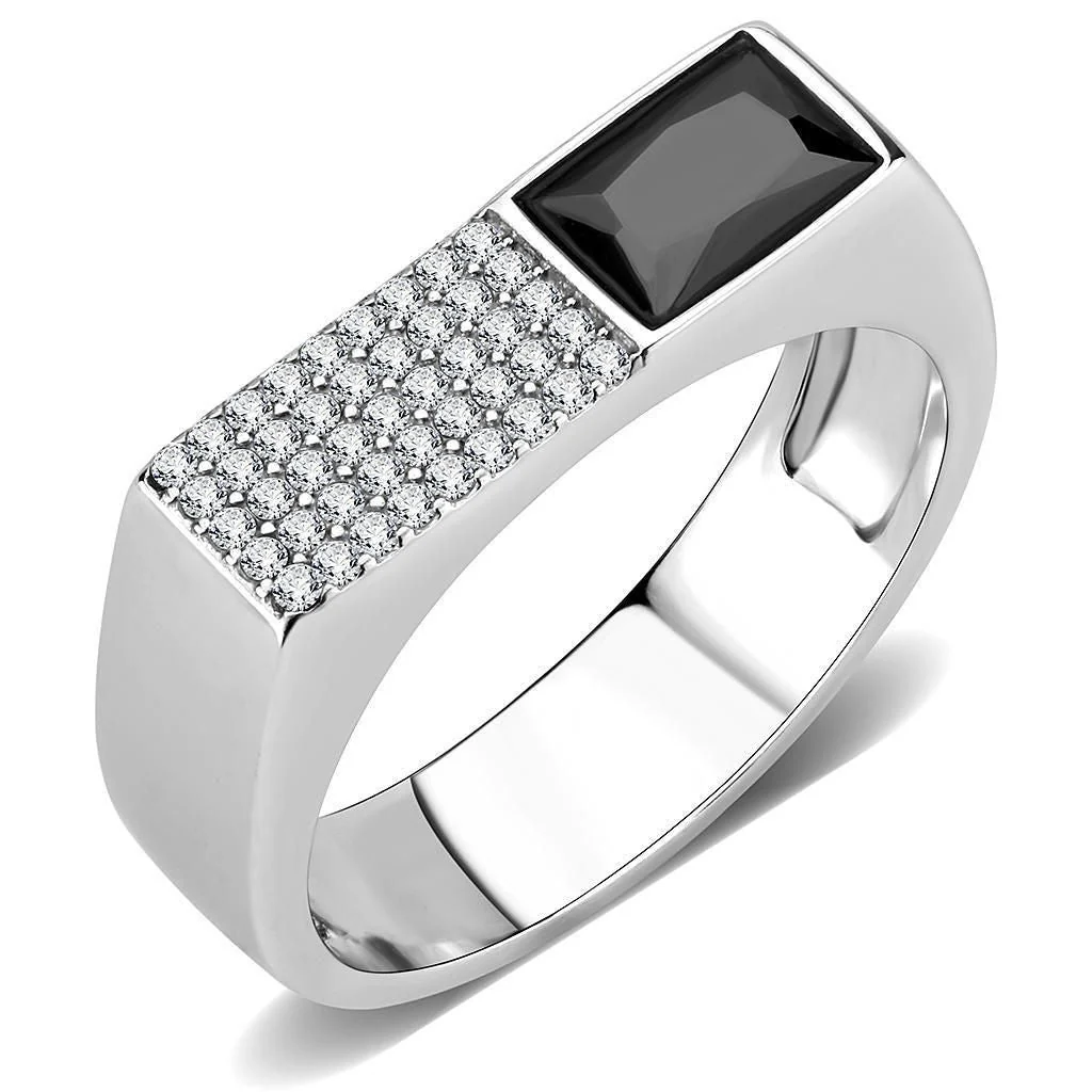 DA252 - High polished (no plating) Stainless Steel Ring with AAA Grade CZ in Black Diamond - Image 2