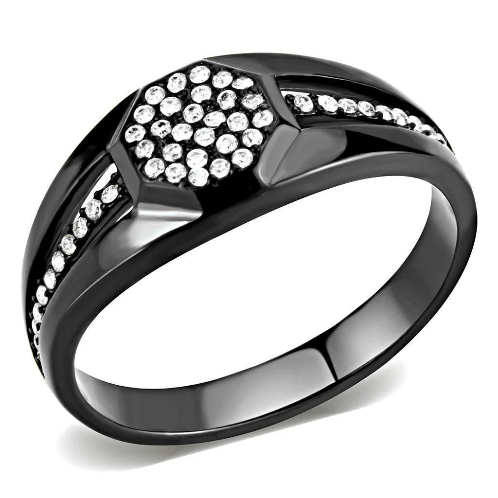 DA282 - IP Black(Ion Plating) Stainless Steel Ring with AAA Grade CZ in Clear - Image 2