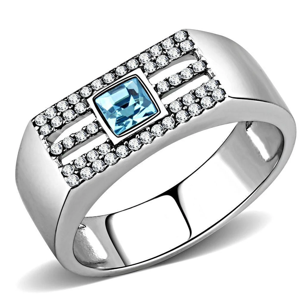DA283 - High polished (no plating) Stainless Steel Ring with Top Grade Crystal in Sea Blue - Image 2