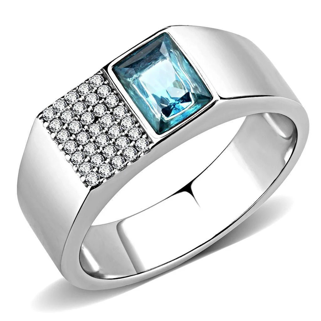 DA287 - High polished (no plating) Stainless Steel Ring with Synthetic in Sea Blue - Image 3