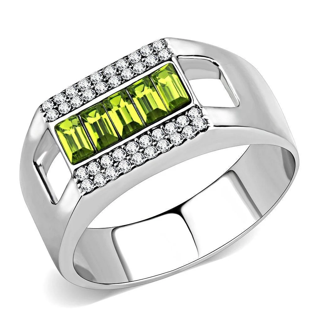DA289 - High polished (no plating) Stainless Steel Ring with Top Grade Crystal in Olivine color - Image 4