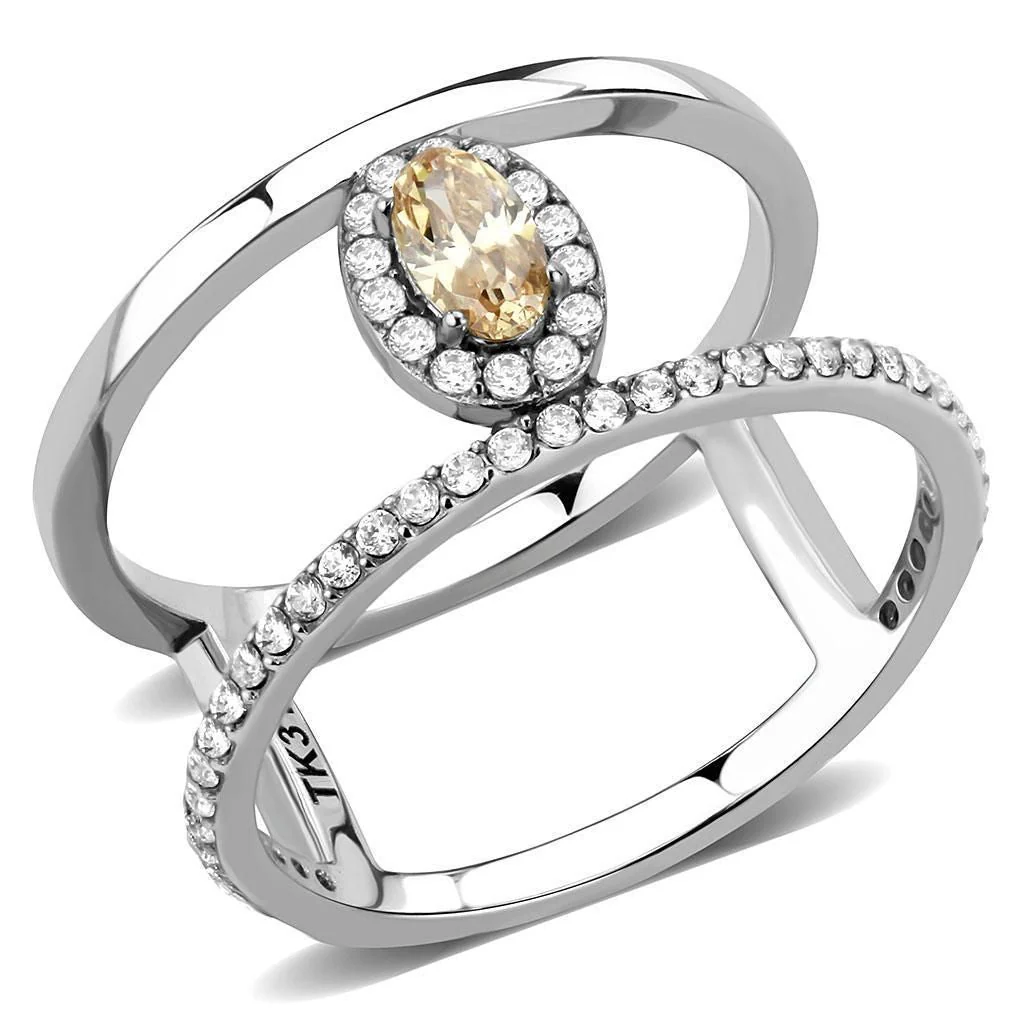 DA352 - High polished (no plating) Stainless Steel Ring with AAA Grade CZ in Champagne - Image 2