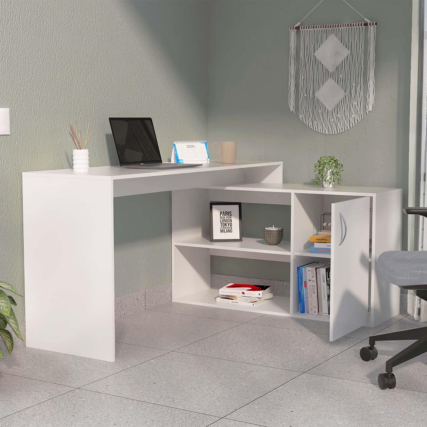Dallas L-Shaped Home Office Desk, Two Shelves, One Drawer by FM FURNITURE - Image 2