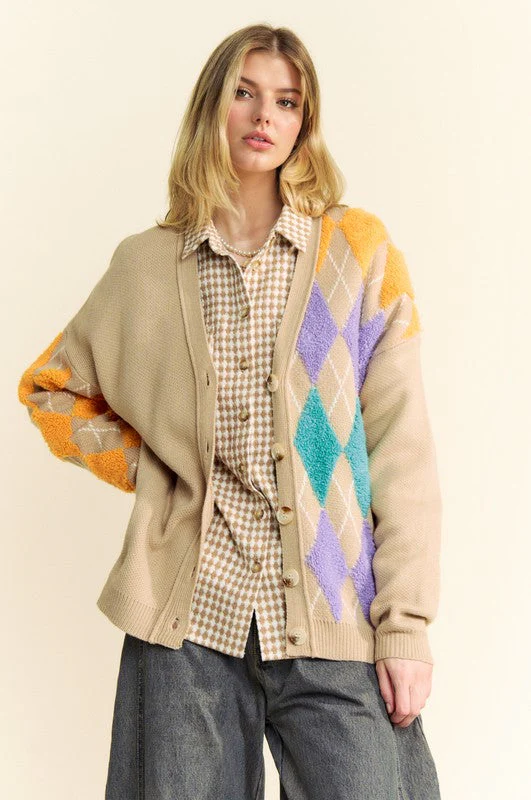 Davi & Dani Argyle V-Neck Dropped Shoulder Cardigan - Image 4