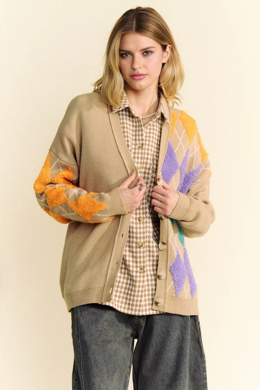 Davi & Dani Argyle V-Neck Dropped Shoulder Cardigan - Image 5
