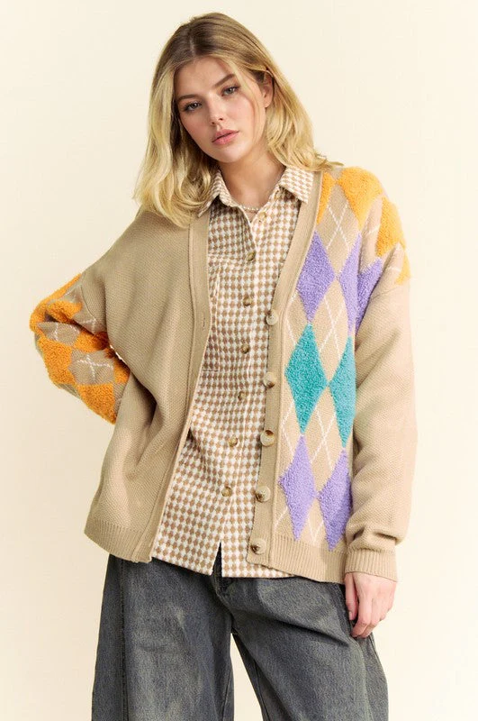 Davi & Dani Argyle V-Neck Dropped Shoulder Cardigan - Image 6