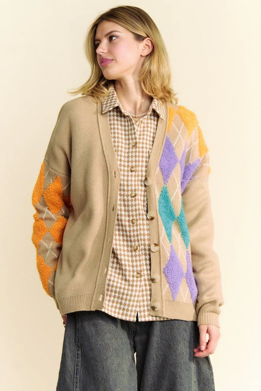 Davi & Dani Argyle V-Neck Dropped Shoulder Cardigan - Image 7