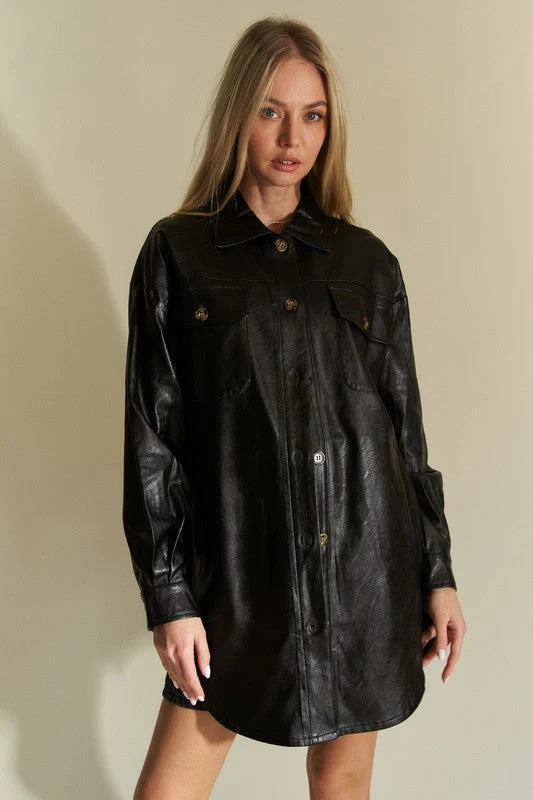 Davi & Dani Faux Leather Button Up Jacket with Chest Pockets - Image 3