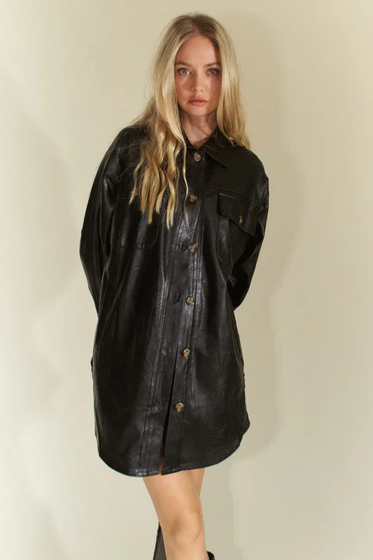 Davi & Dani Faux Leather Button Up Jacket with Chest Pockets - Image 4