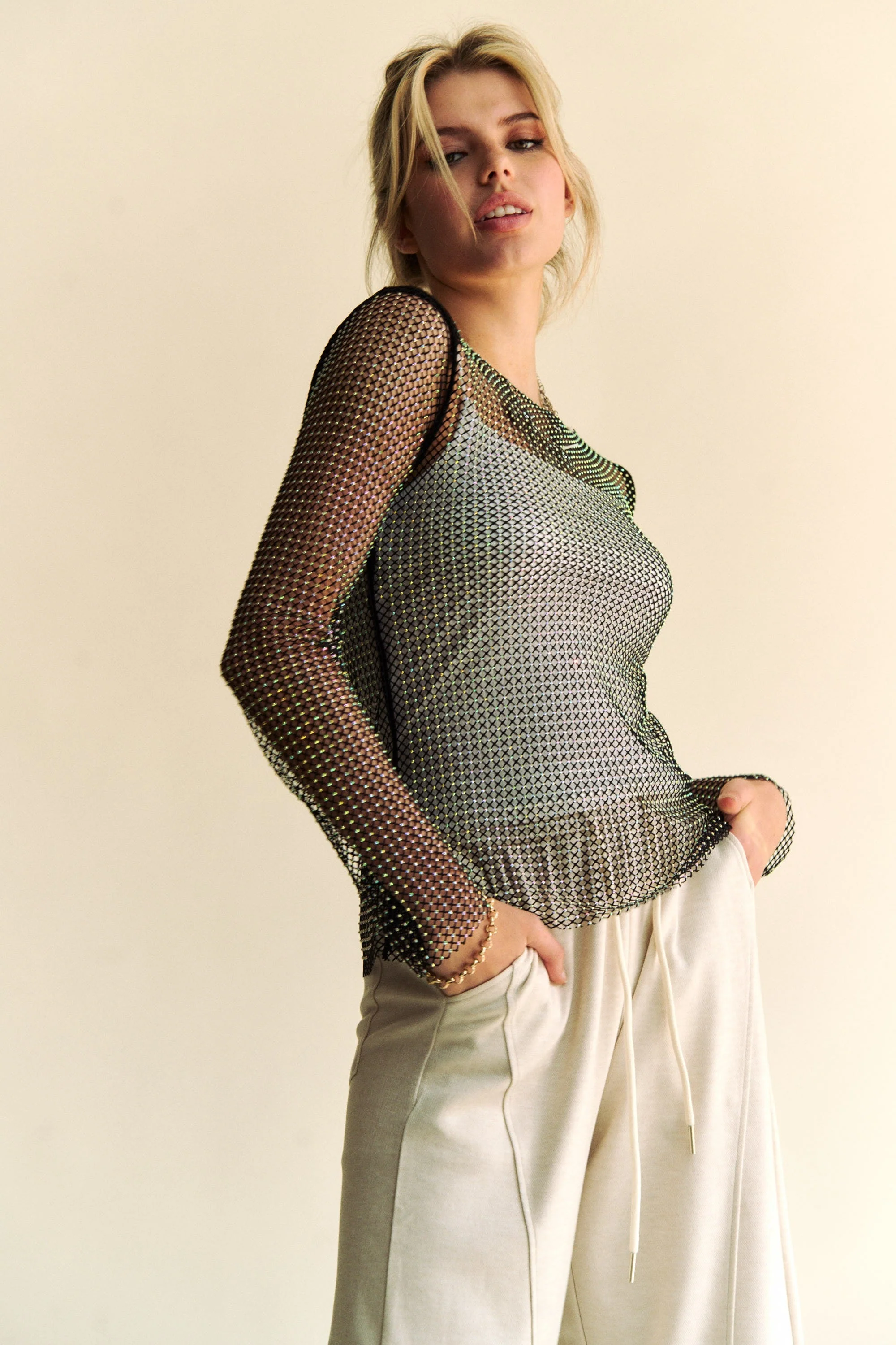 Davi & Dani Sparkling Rhinestone Sheer Mesh Round Neck Top - Image 2