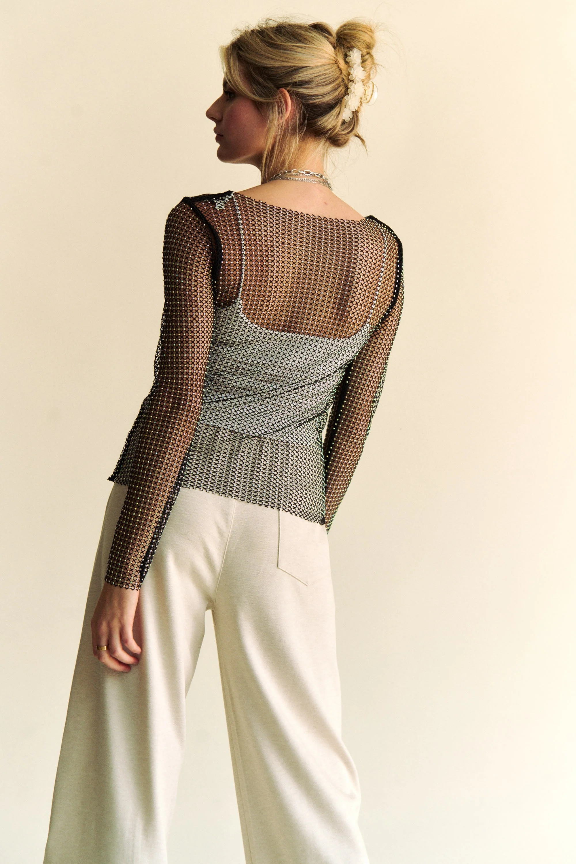 Davi & Dani Sparkling Rhinestone Sheer Mesh Round Neck Top - Image 3