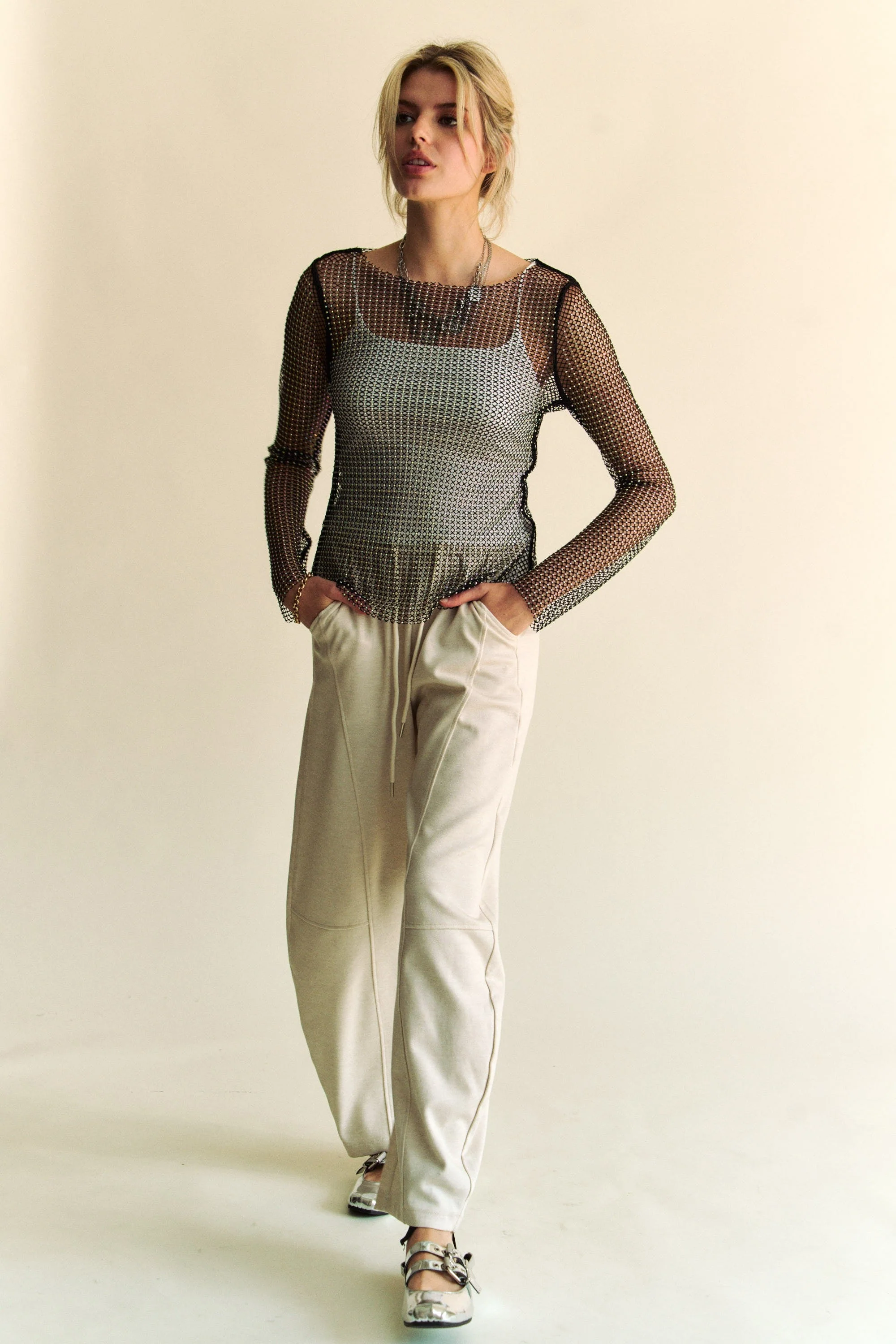 Davi & Dani Sparkling Rhinestone Sheer Mesh Round Neck Top - Image 4