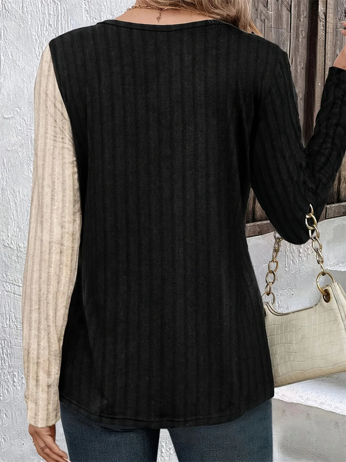 Decorative Button Contrast Round Neck Long Sleeve T-Shirt - Image 2