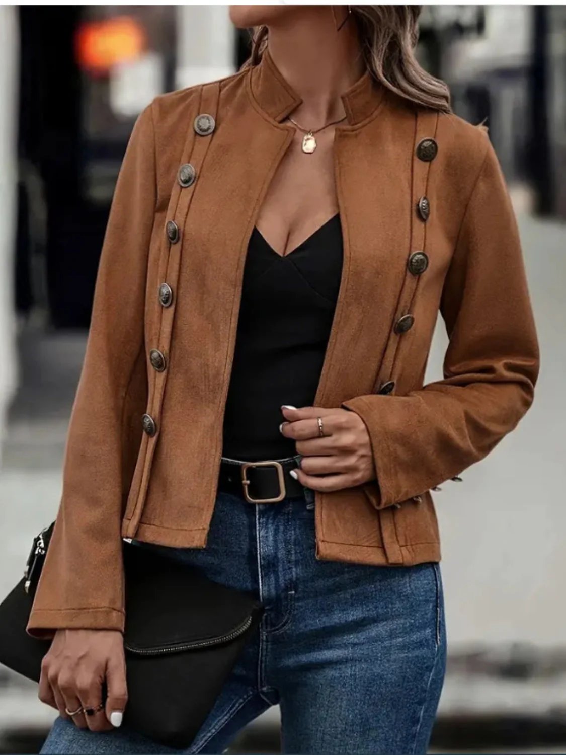 Decorative Button Open Front Long Sleeve Jacket - Image 3