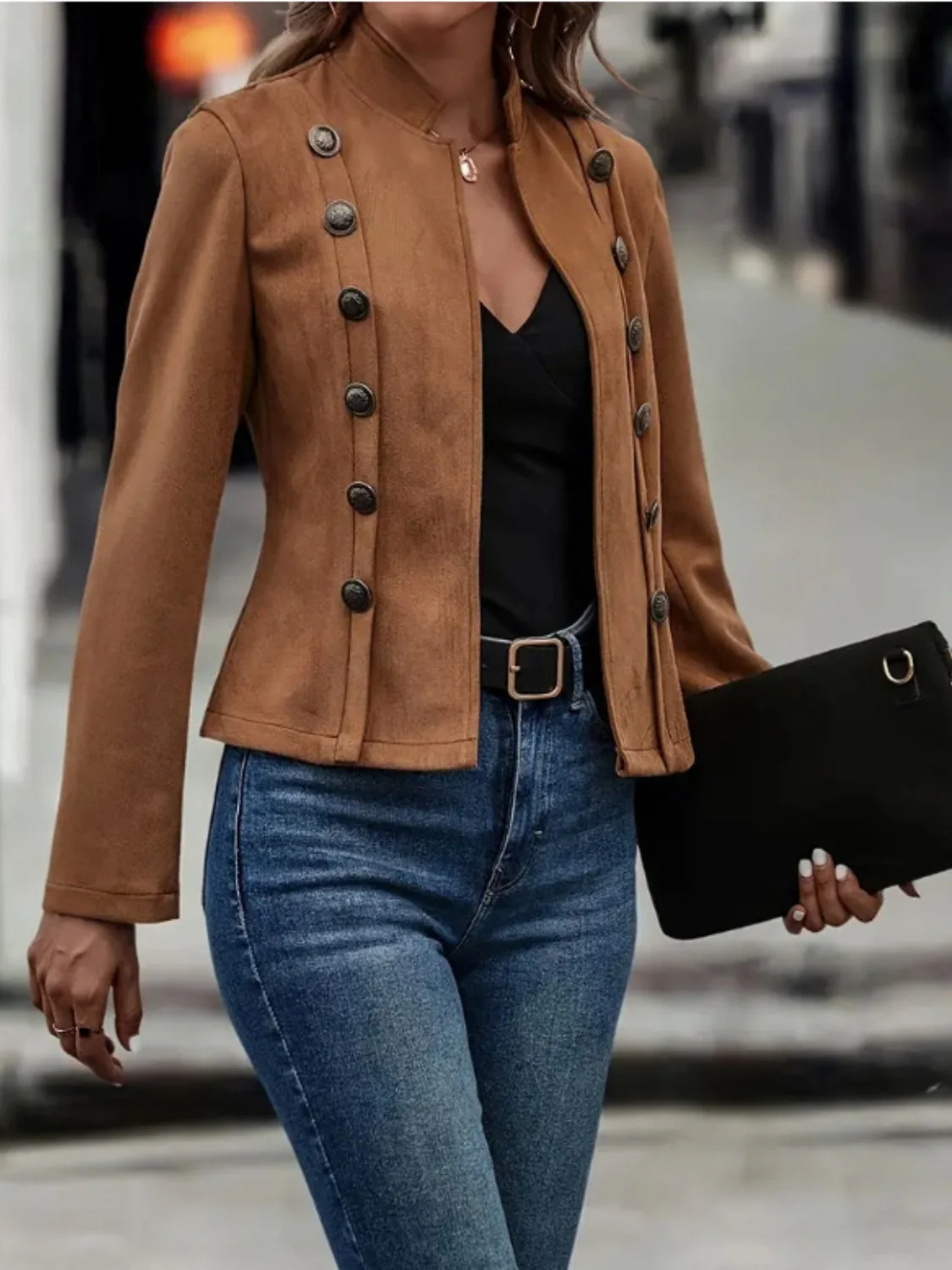 Decorative Button Open Front Long Sleeve Jacket - Image 4