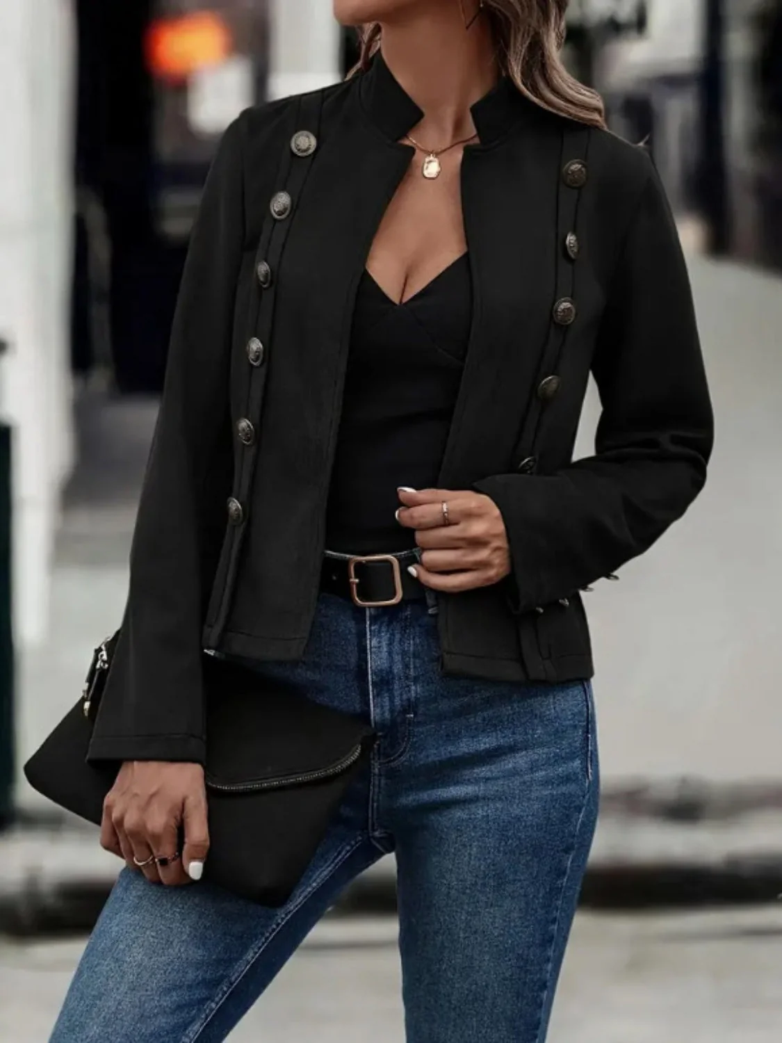 Decorative Button Open Front Long Sleeve Jacket - Image 9