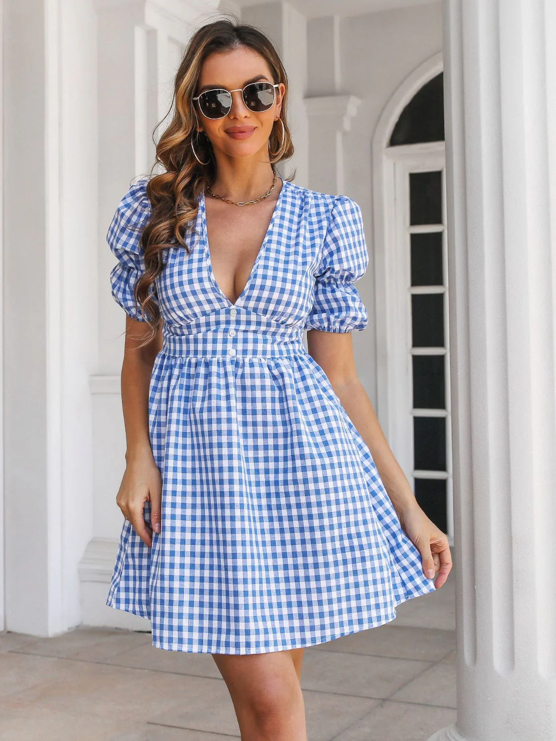 Decorative Button Plaid Short Sleeve Dress - Image 2