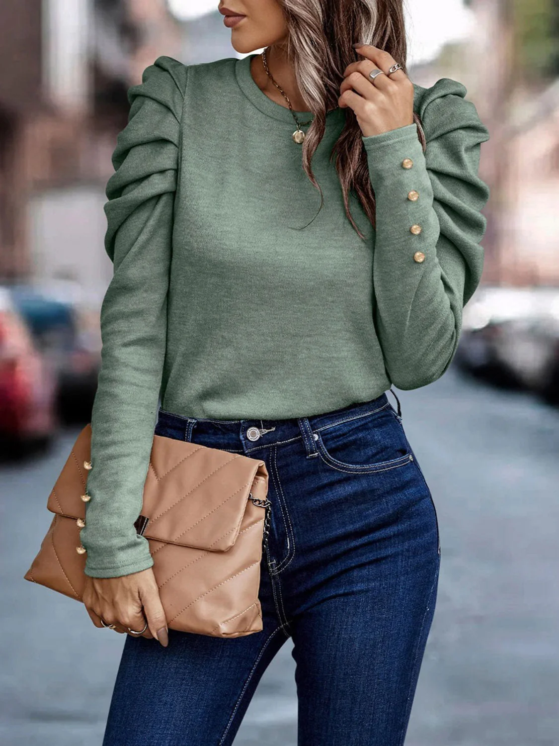 Decorative Button Puff Sleeve T-Shirt - Image 10