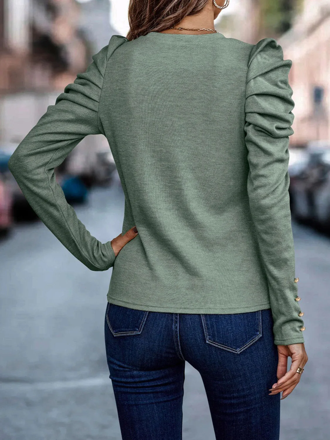 Decorative Button Puff Sleeve T-Shirt - Image 11