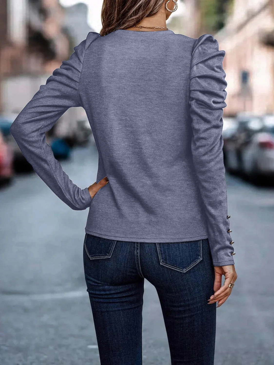 Decorative Button Puff Sleeve T-Shirt - Image 15