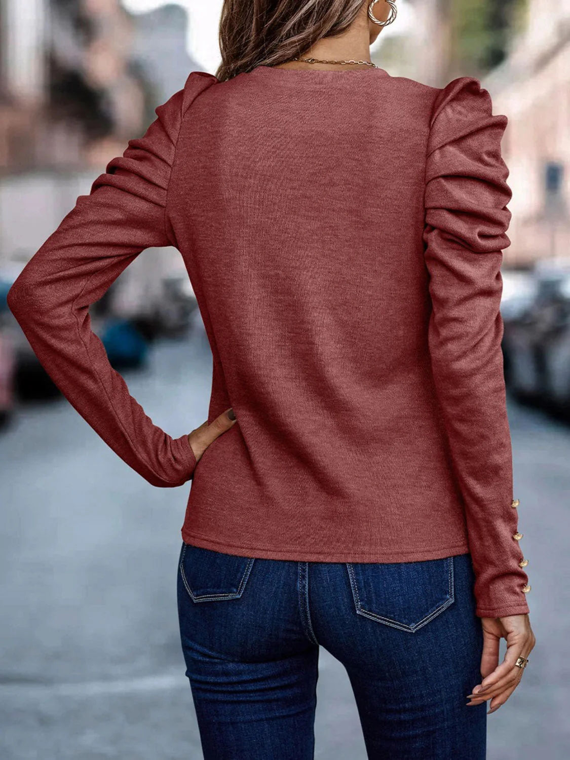 Decorative Button Puff Sleeve T-Shirt - Image 2
