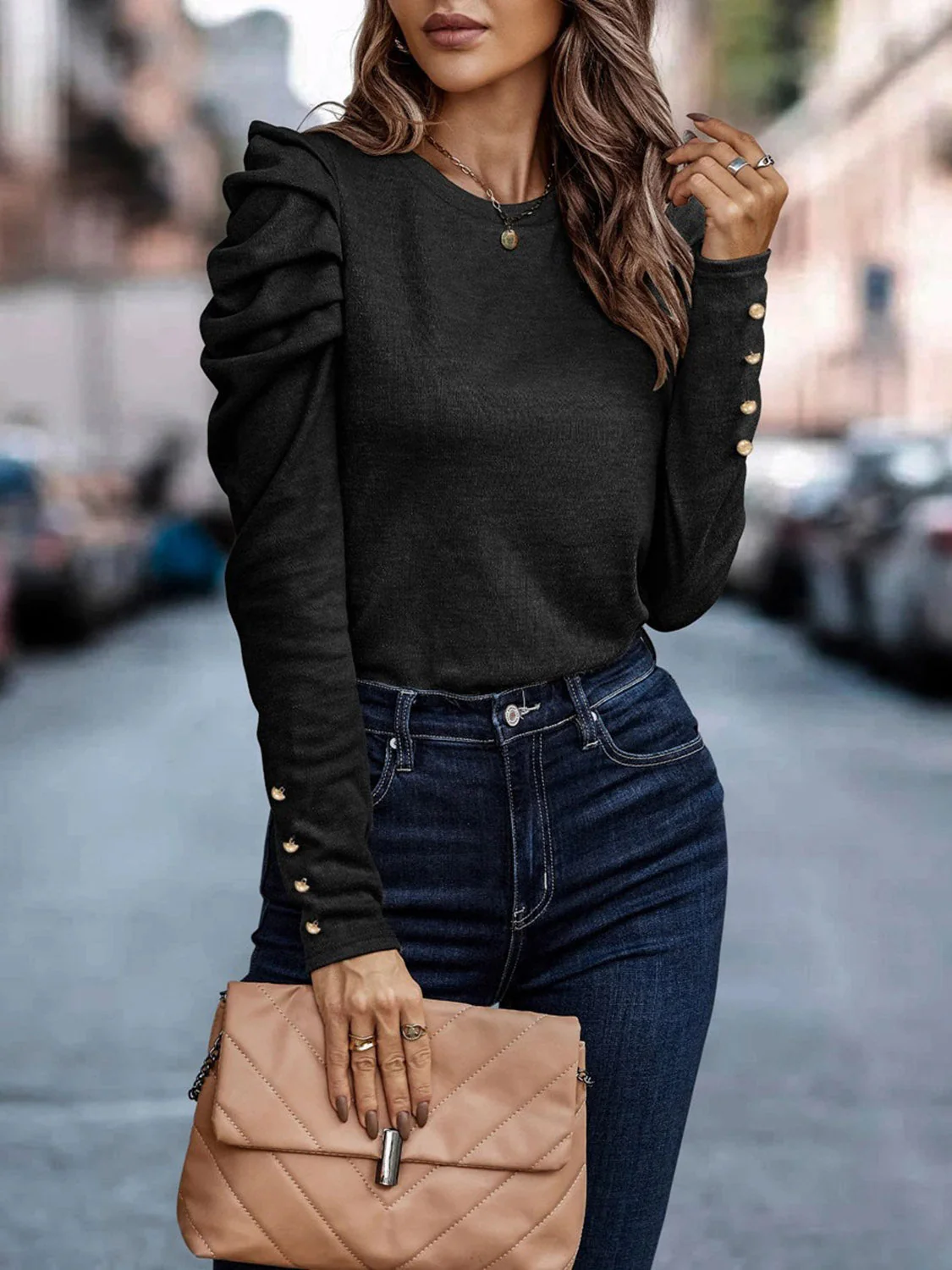 Decorative Button Puff Sleeve T-Shirt - Image 4