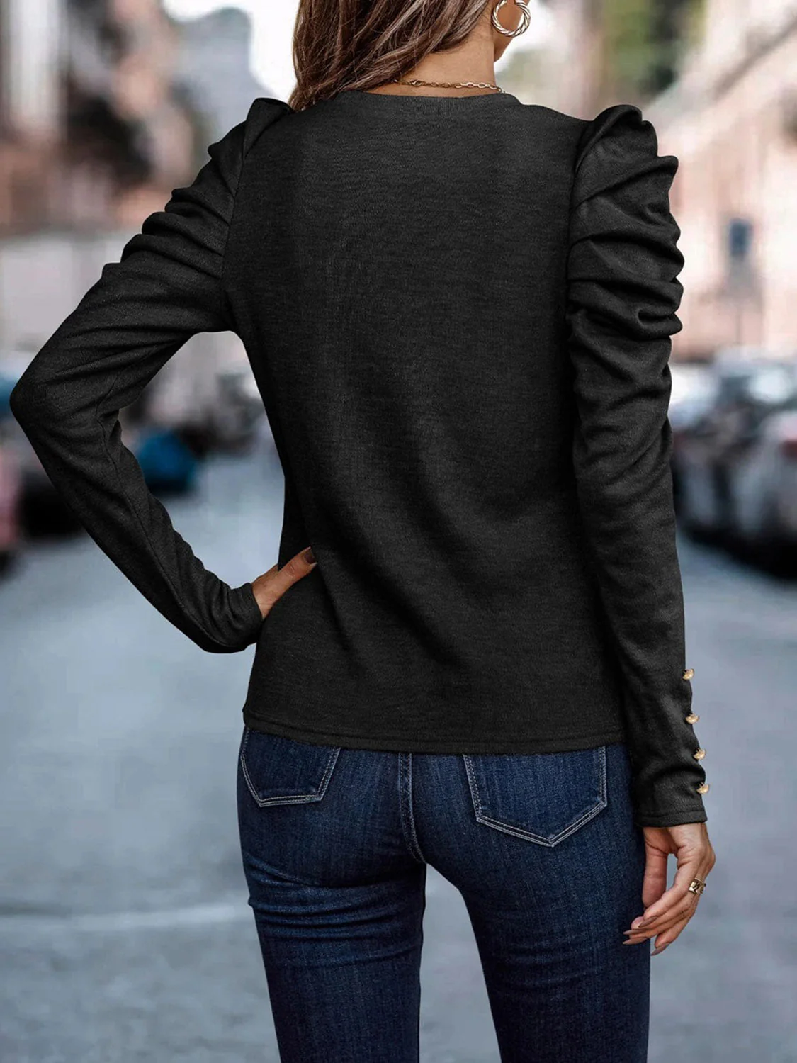 Decorative Button Puff Sleeve T-Shirt - Image 5