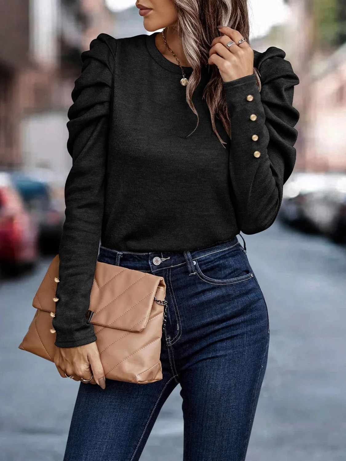 Decorative Button Puff Sleeve T-Shirt - Image 6