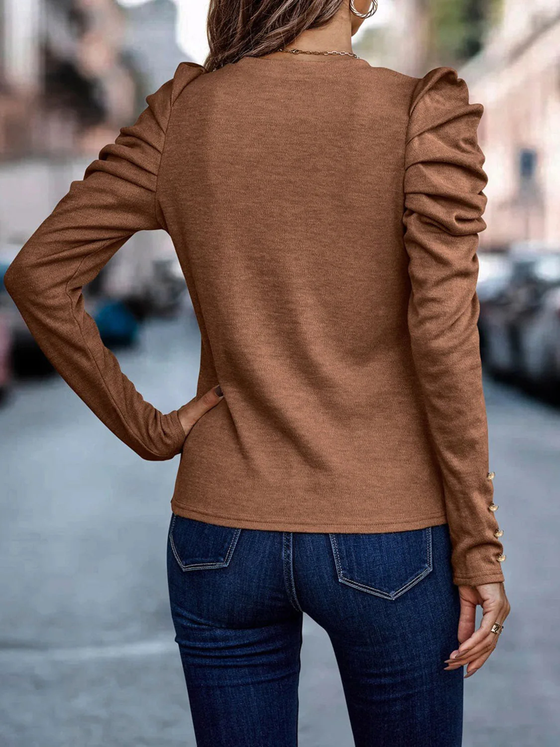 Decorative Button Puff Sleeve T-Shirt - Image 8