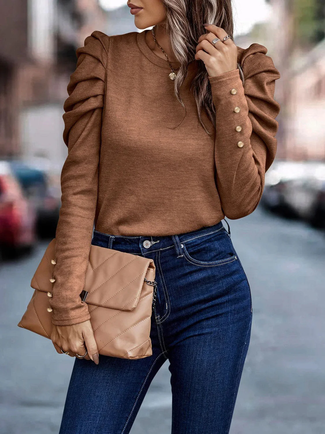 Decorative Button Puff Sleeve T-Shirt - Image 9