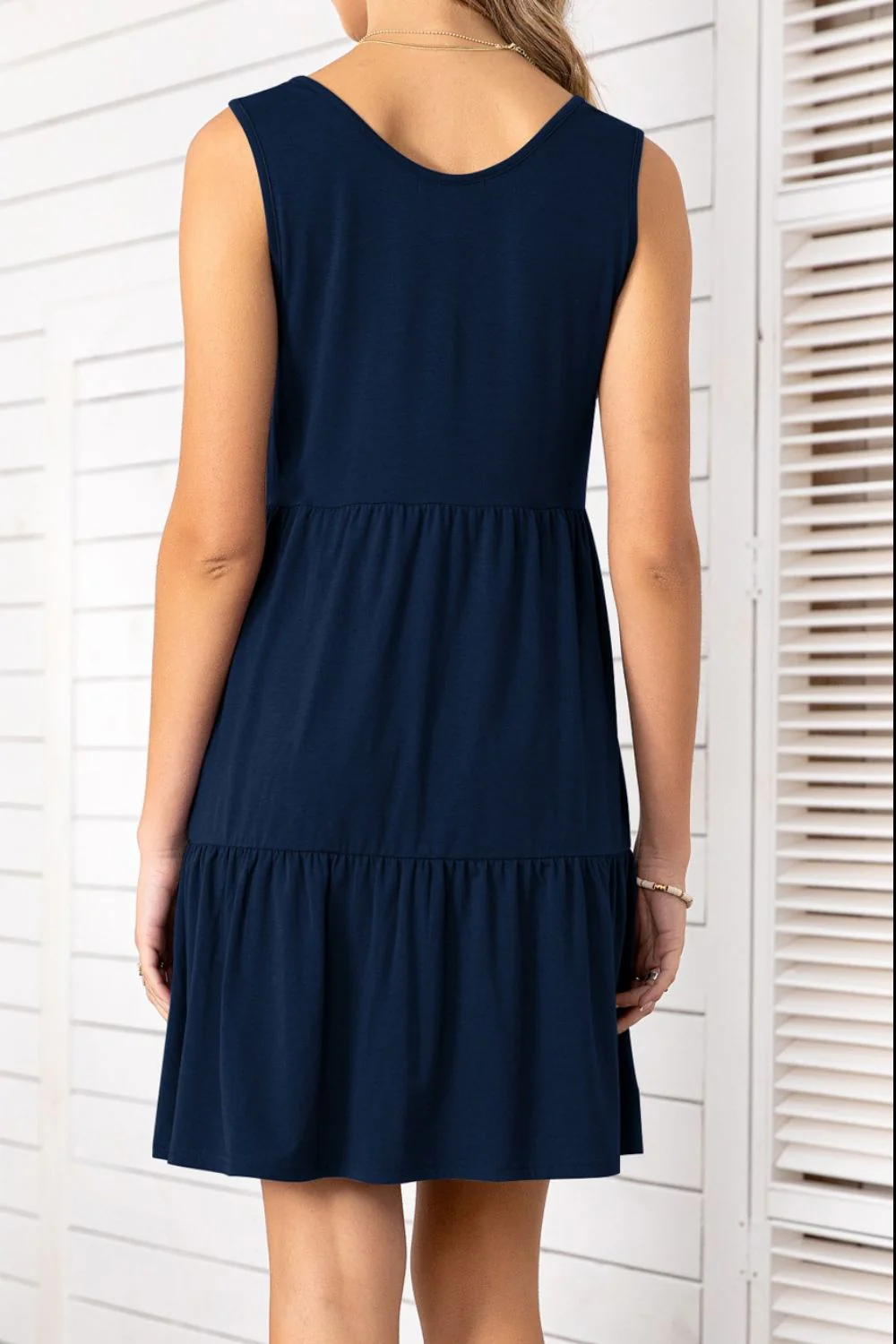Decorative Button Scoop Neck Sleeveless Tiered Dress - Image 2