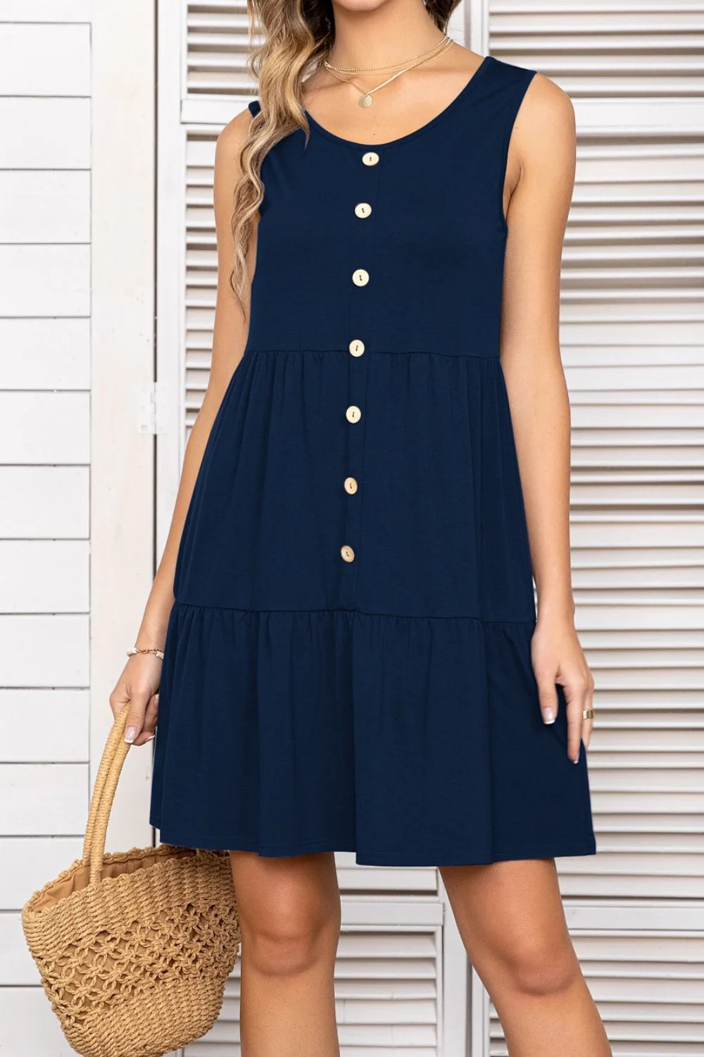Decorative Button Scoop Neck Sleeveless Tiered Dress - Image 3